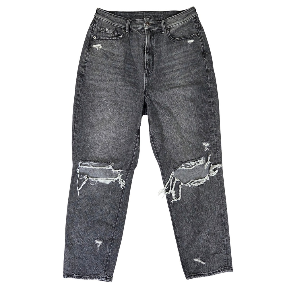 American Eagle Highest Rise Mom Jeans 10 Short Black Distressed Ripped Denim